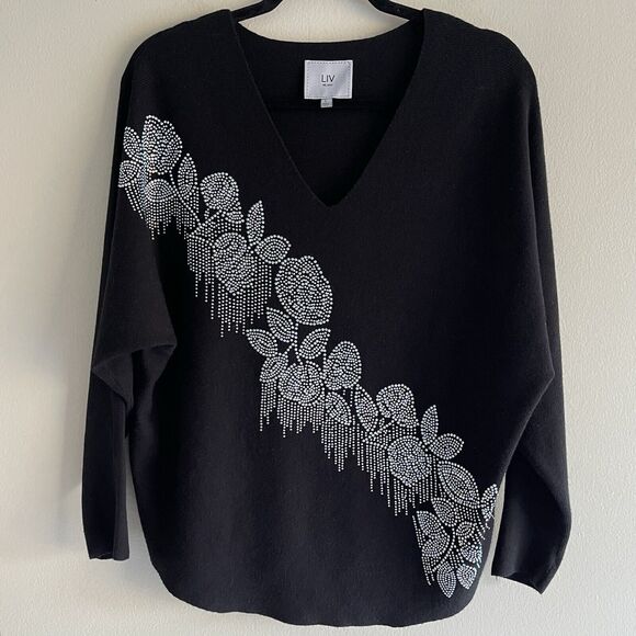 Liv Milano Black Evening Sweater L Top Floral Metallic Beading Knit Lightweight - Picture 9 of 10